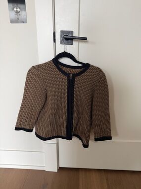 Vintage Tan and Black Short Sleeve Knit Zip-Front Top
